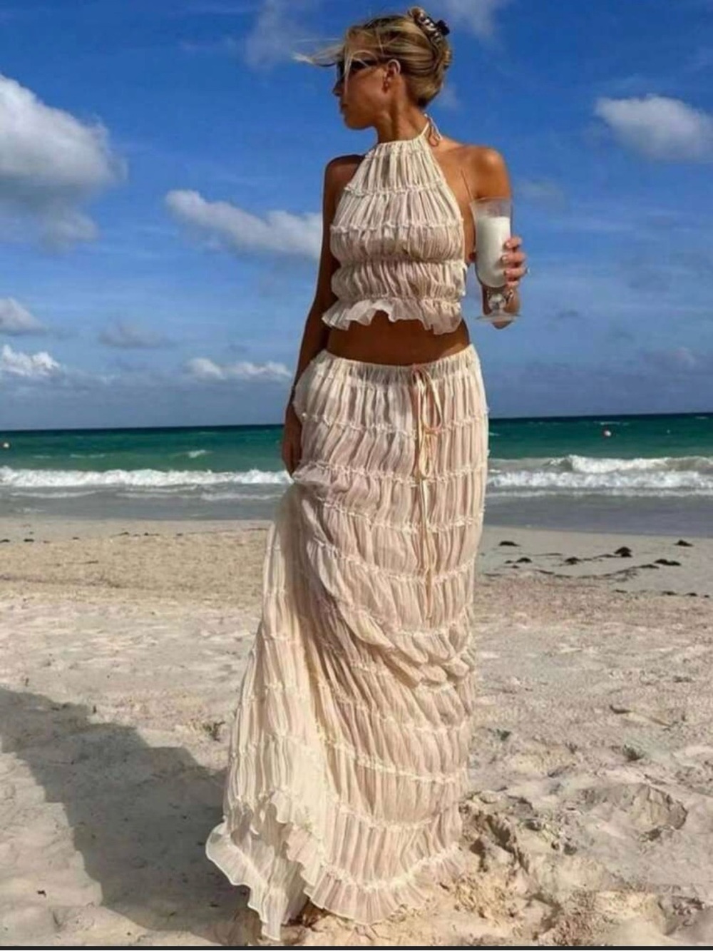 Cream Ruffled Sheer Maxi Set - Picture 2 of 3